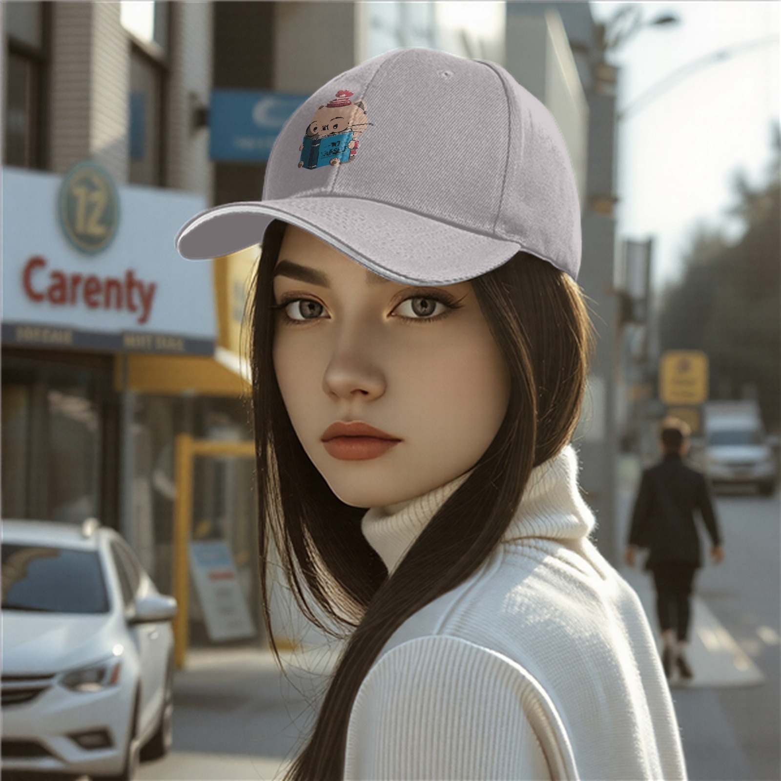 Black Baseball Cap With Cute Reading Cat Graphic