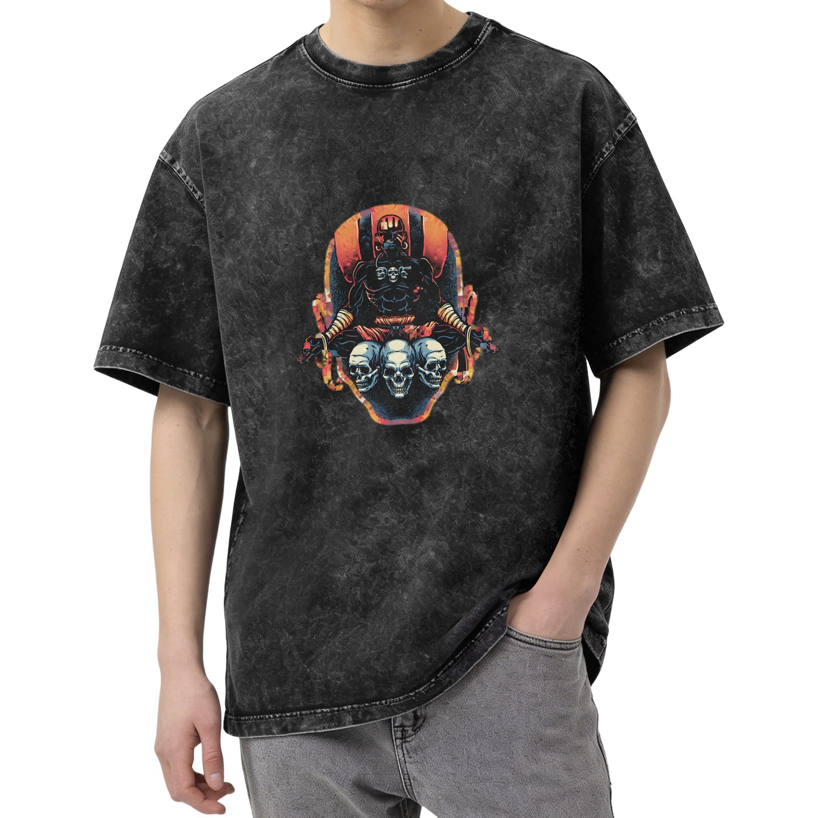 Washed Black T-Shirt With Dark Warrior And Skulls Graphic