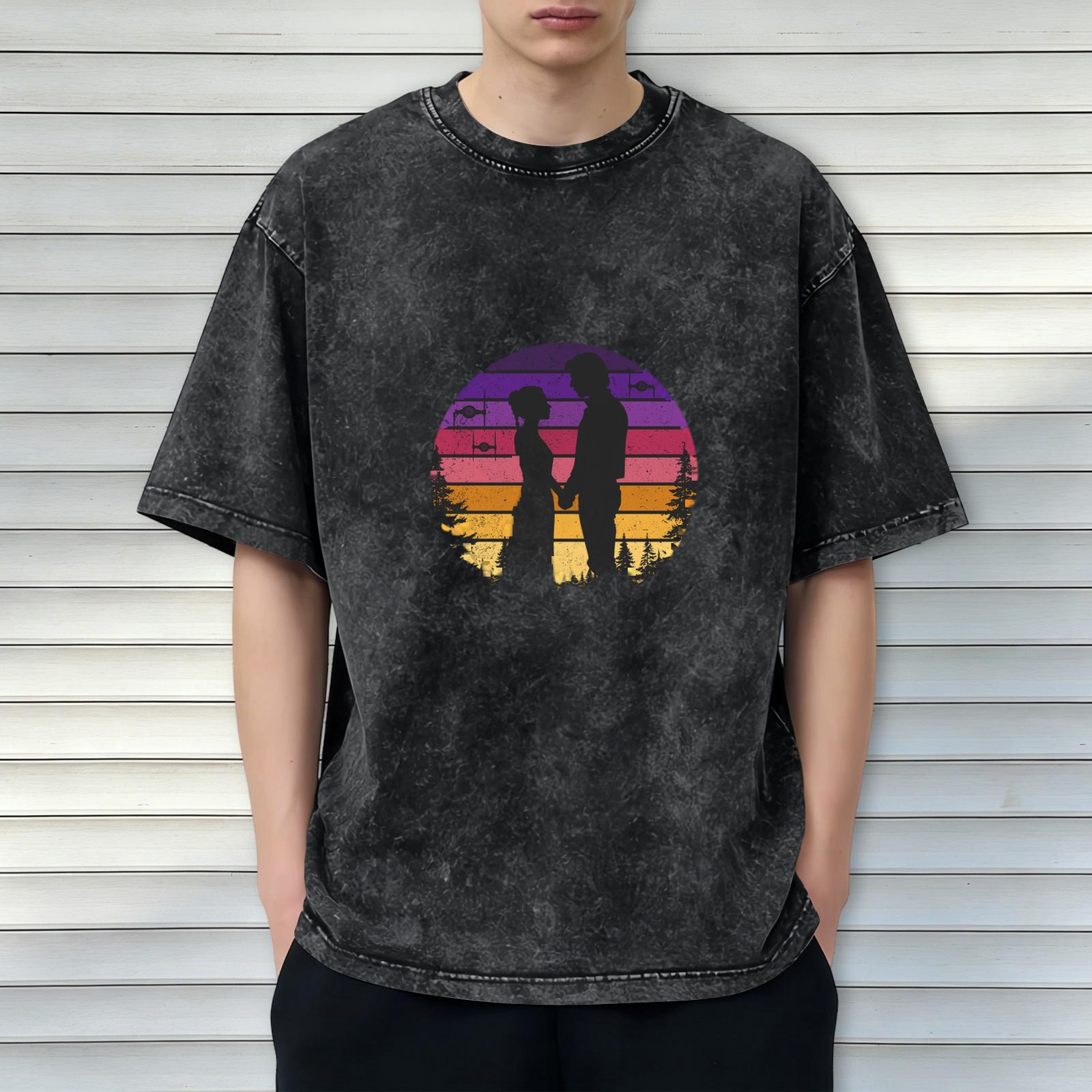 Washed Black T-Shirt with Retro Sunset Couple Silhouette Graphic