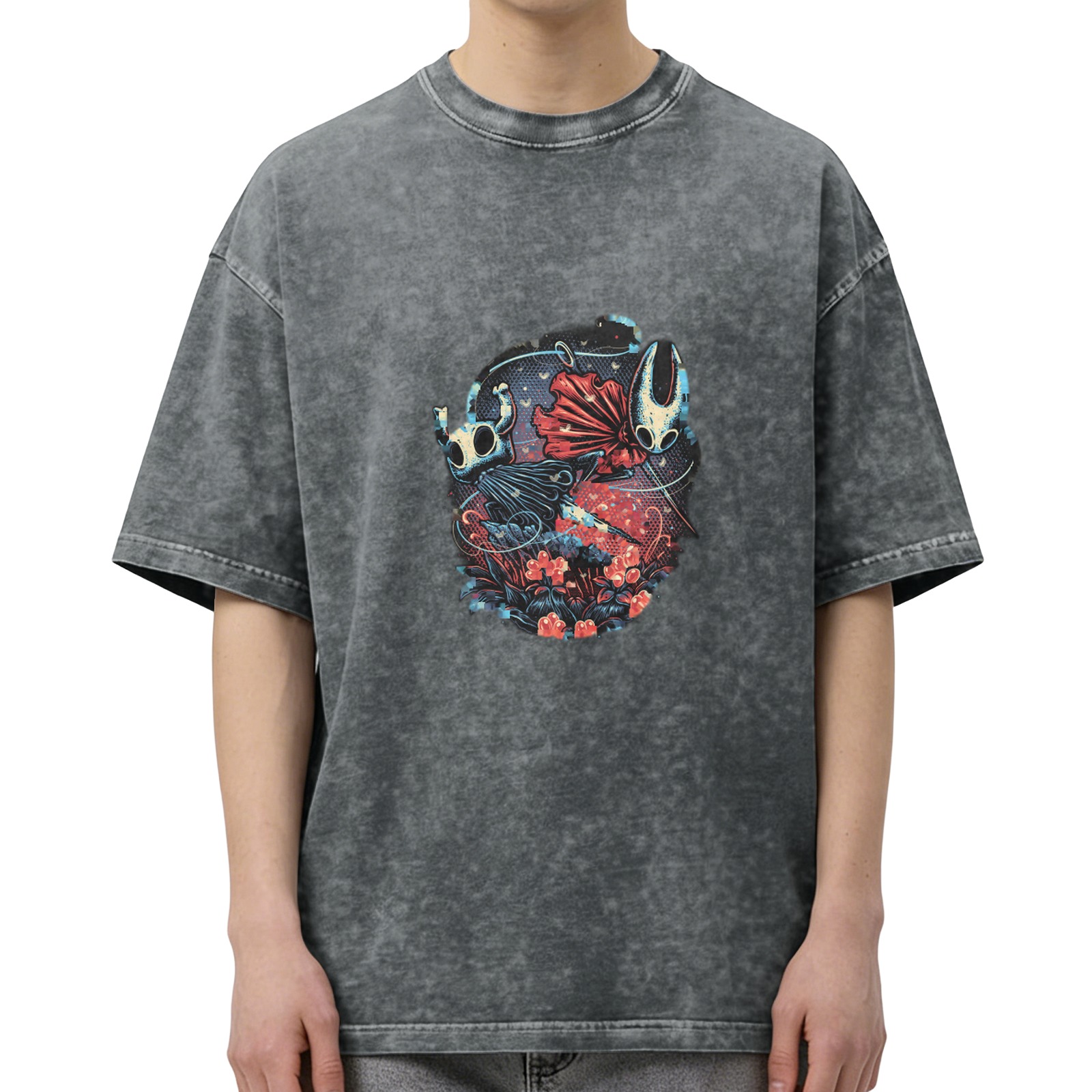 Hollow Knight Themed Dark Wash Graphic T-Shirt