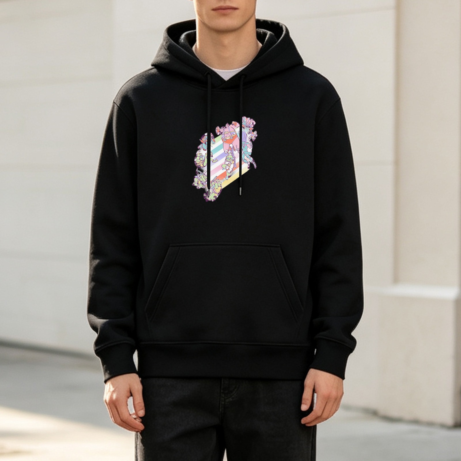 Black Hoodie With Pastel Anime Character Graphic Print