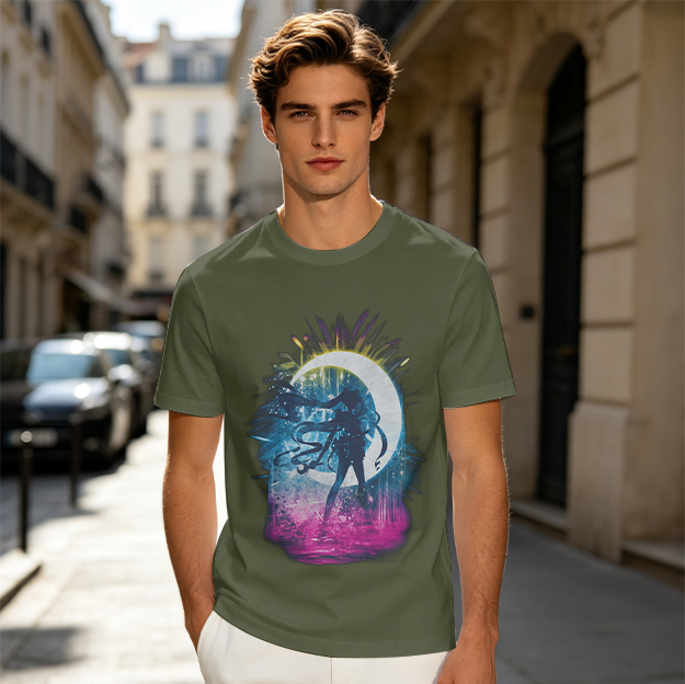 Olive T-Shirt with Crescent Moon Anime Character Silhouette Art