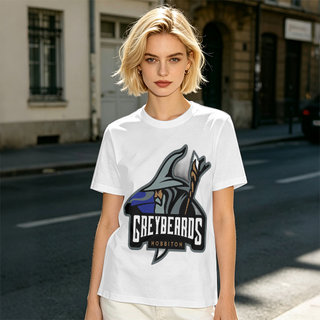 Olive t-shirt with Greybeards Hobbiton wizard graphic
