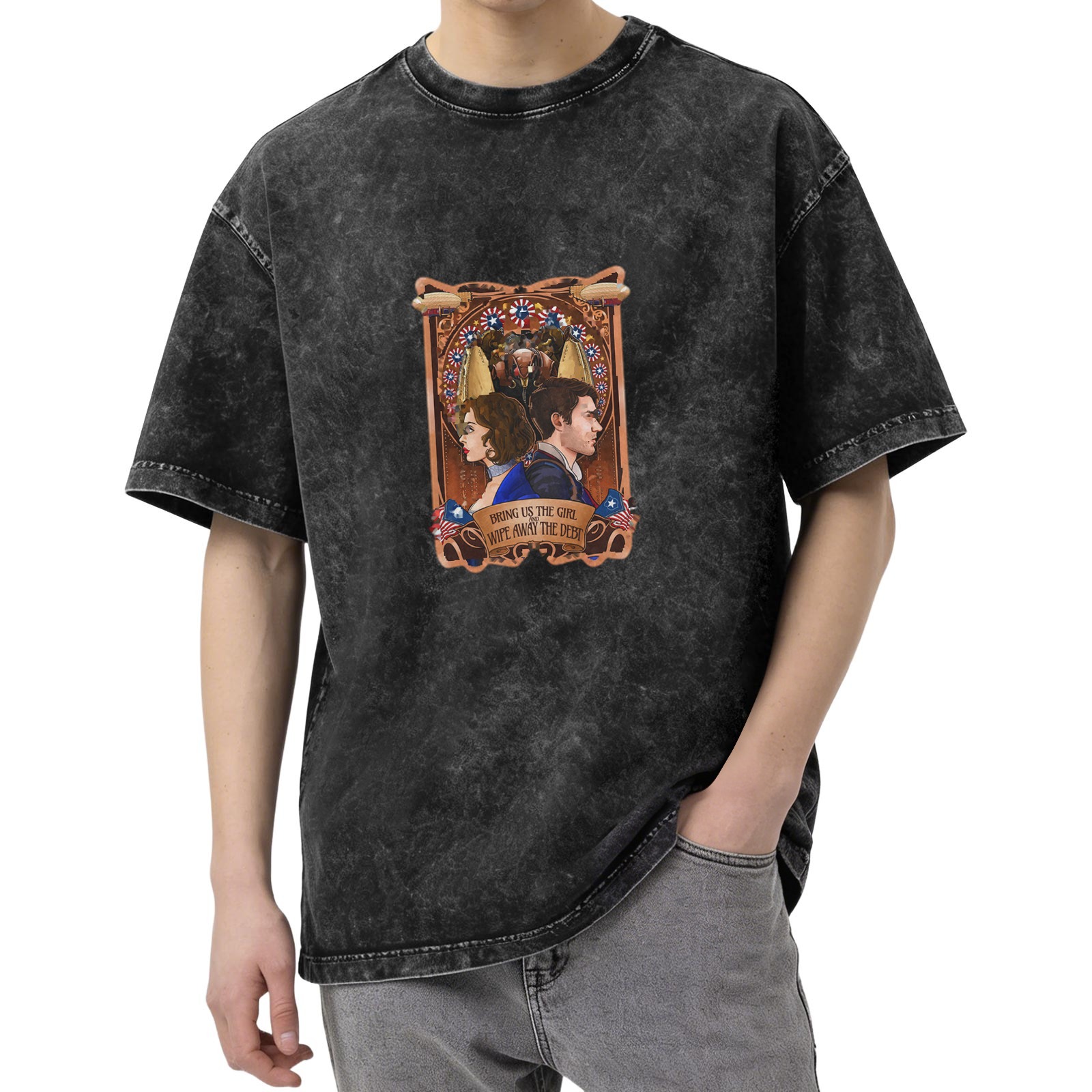 Washed Black Graphic T-Shirt With Bioshock Infinite Style Art Print