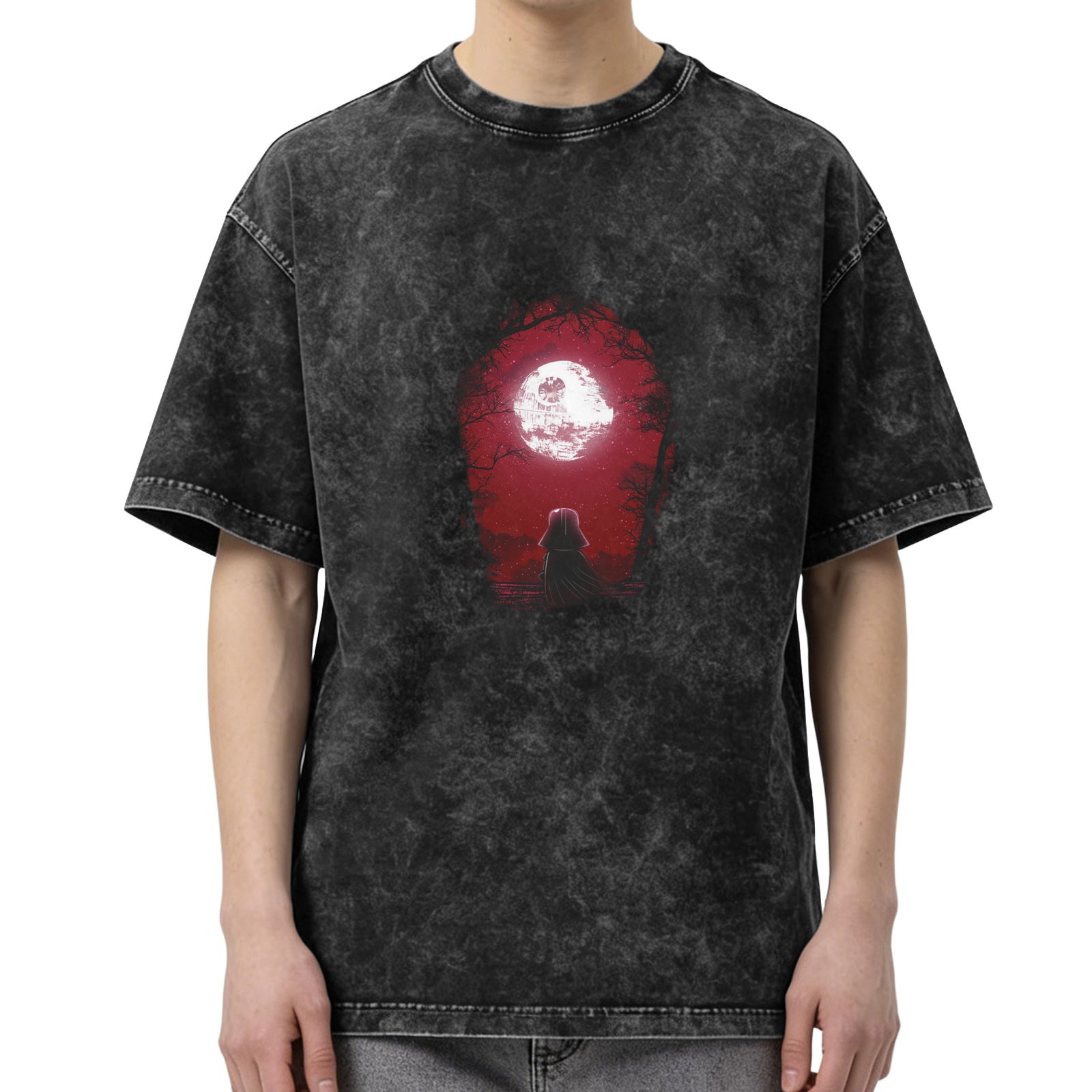 Washed black graphic t-shirt with red moon and hooded figure design