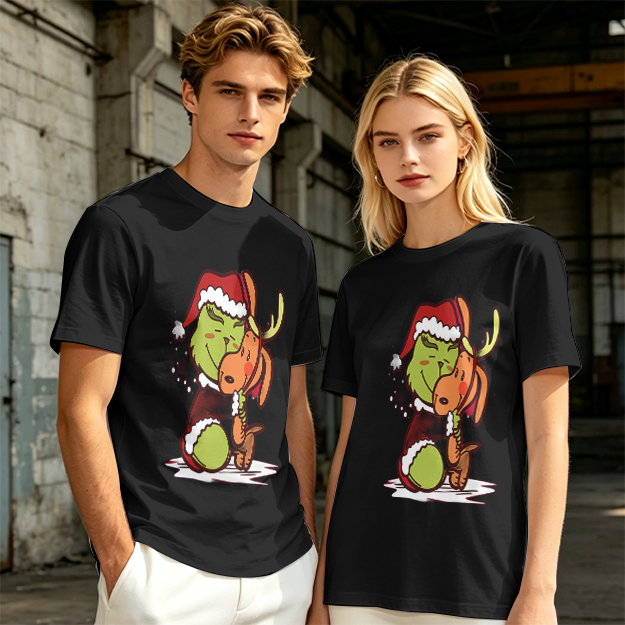Olive Christmas T-Shirt Featuring Grinch Hugging Max The Reindeer