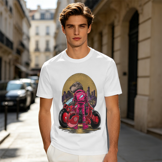 Olive T-Shirt With Capybara Biker And Futuristic City Print