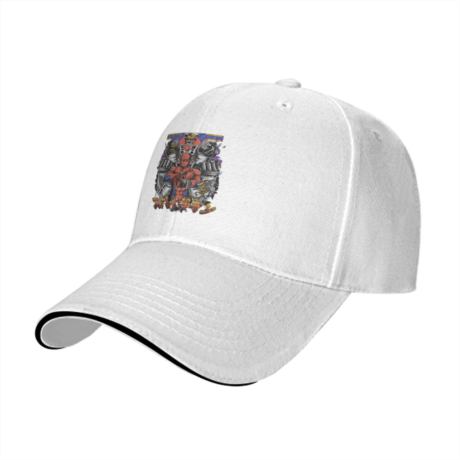 Black Baseball Cap with Anime Robot Character Graphic Print