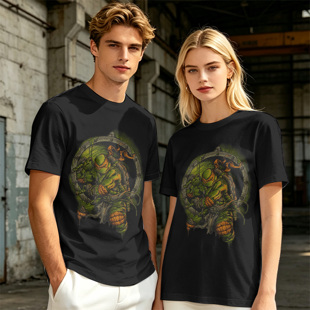 Olive Green T-Shirt With Ninja Turtle Porthole Graphic