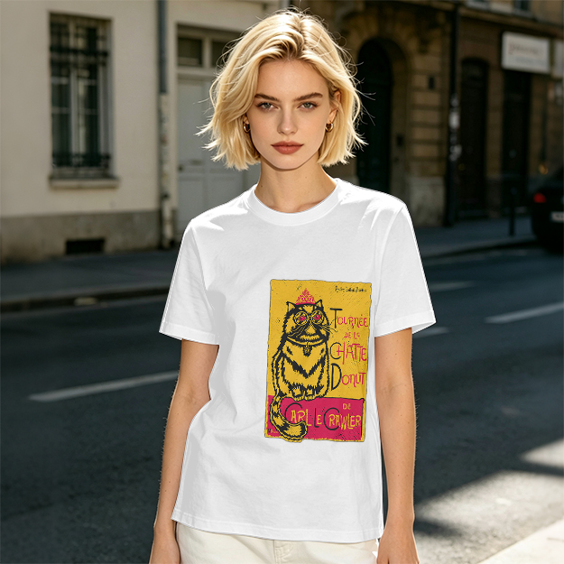 Olive T-shirt with a whimsical cat graphic print