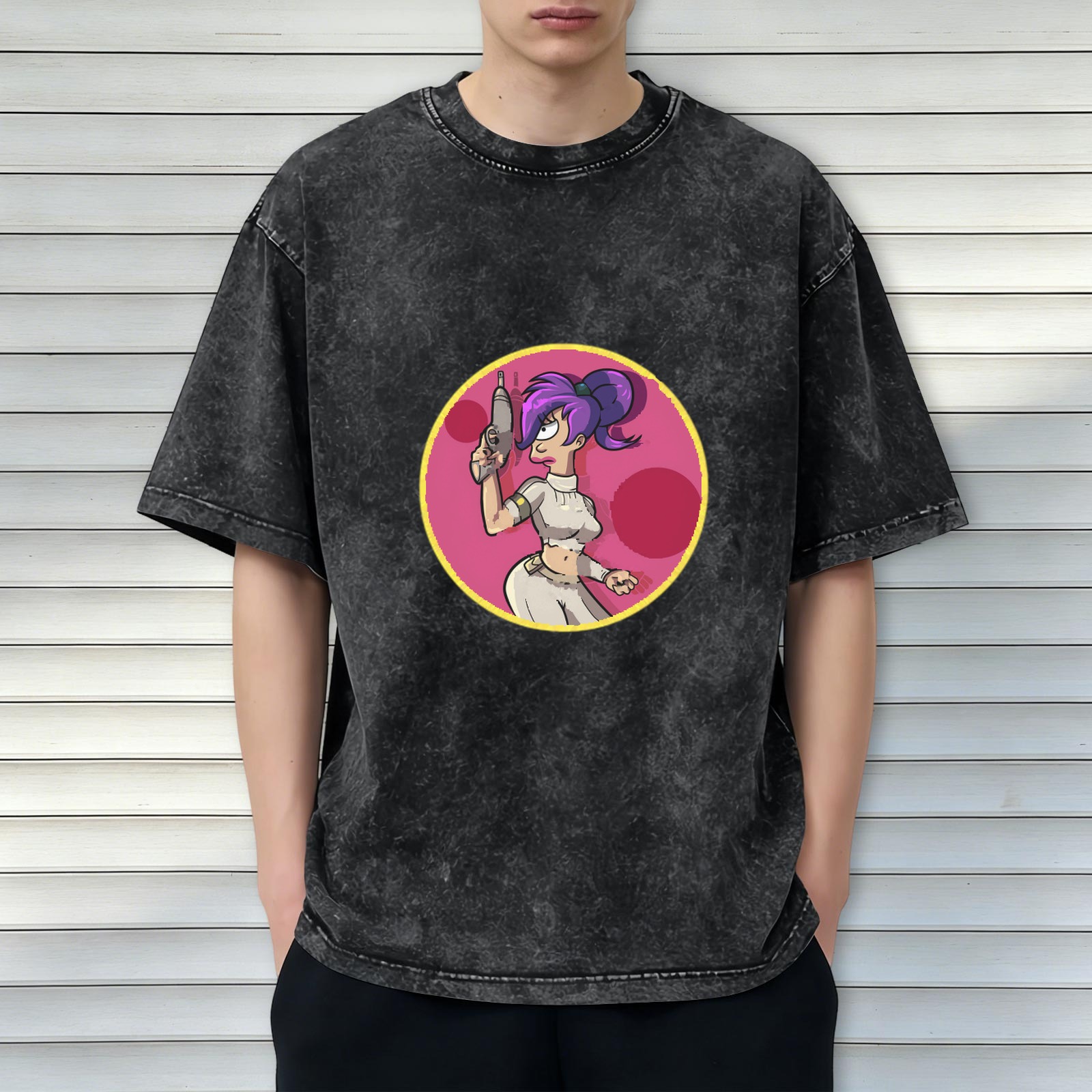 Washed black graphic tee with futuristic space character print