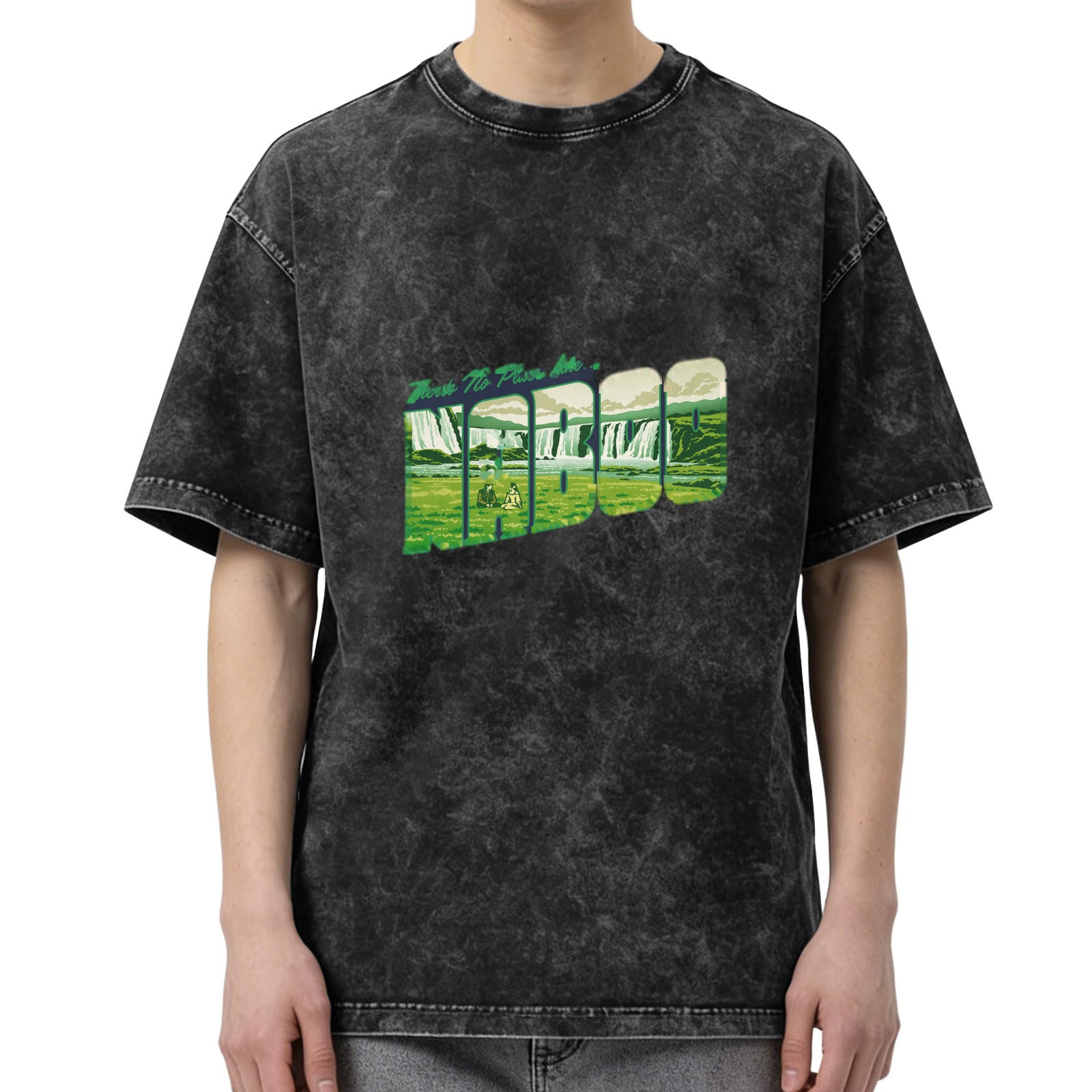 Oversized Acid Wash T-Shirt With Waterfall Landscape Graphic
