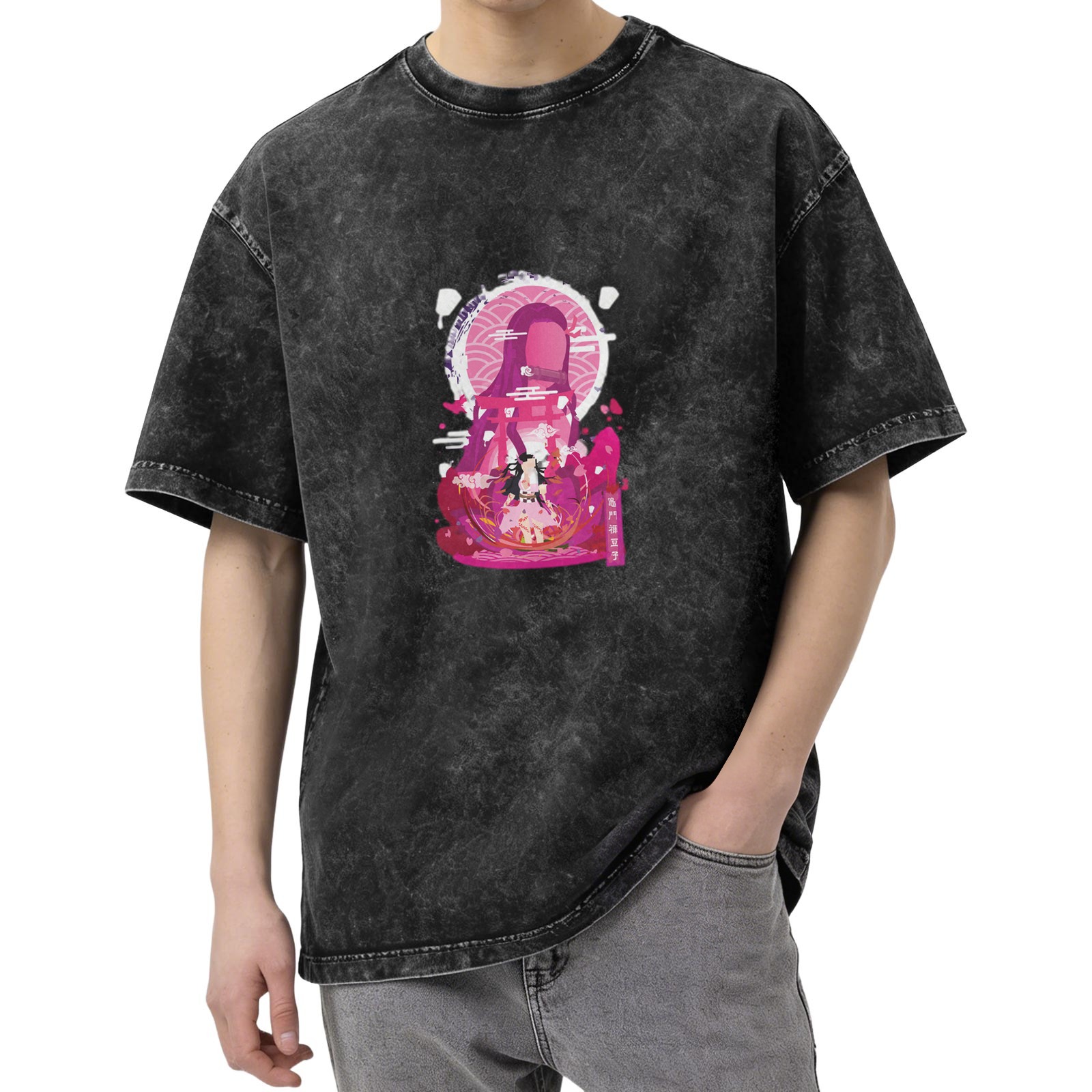 Demon Slayer: Kimetsu no Yaiba Nezuko themed old washed black loose short-sleeved T-shirt