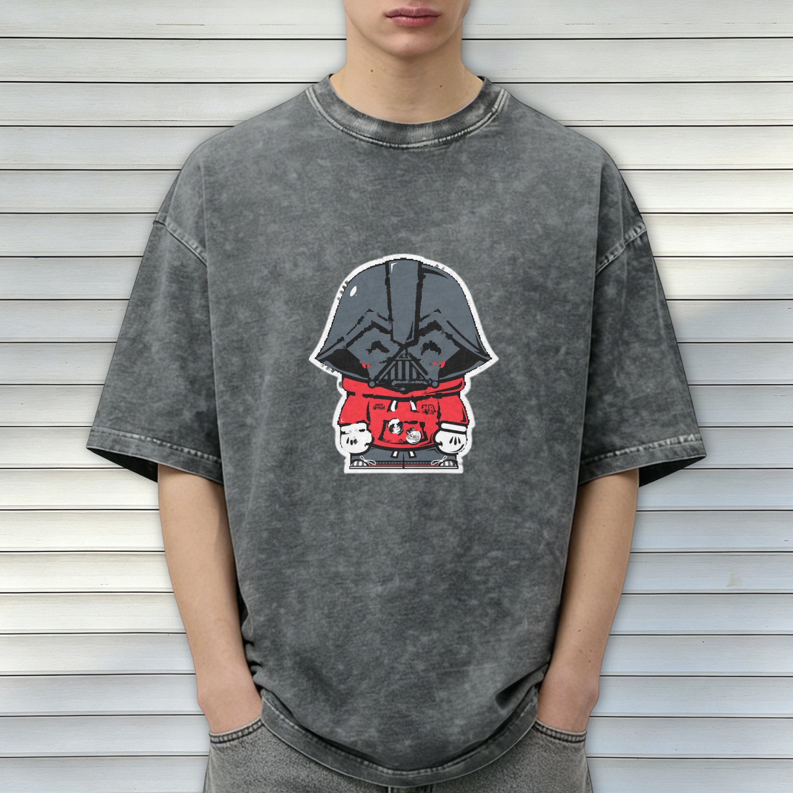 Oversized Dark Wash T-Shirt with Cute Darth Vader Hoodie Print