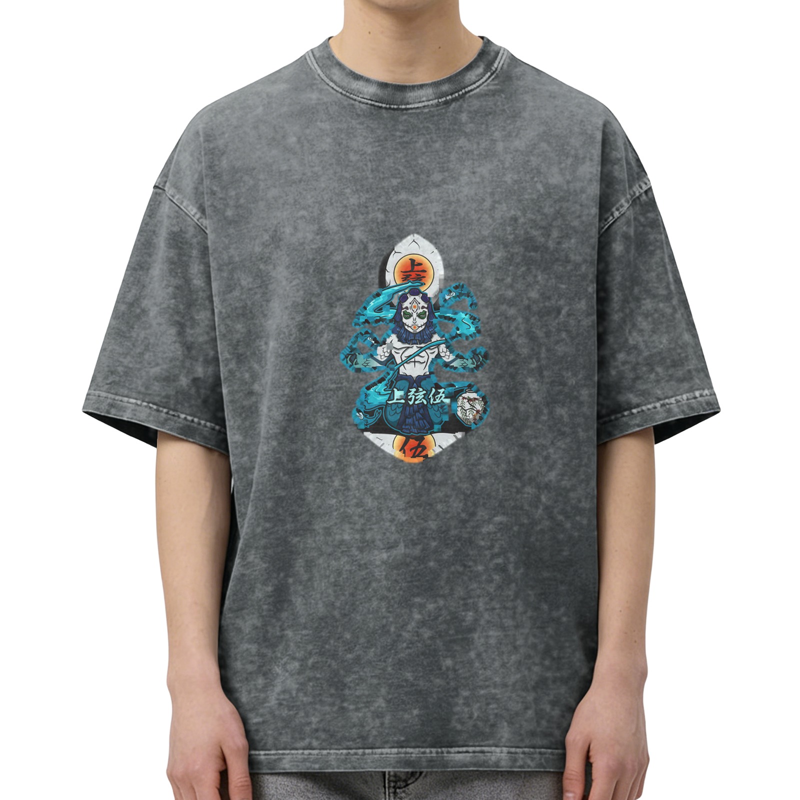 Oversized Dark Wash Anime Graphic T-Shirt with Demon Slayer Character Art