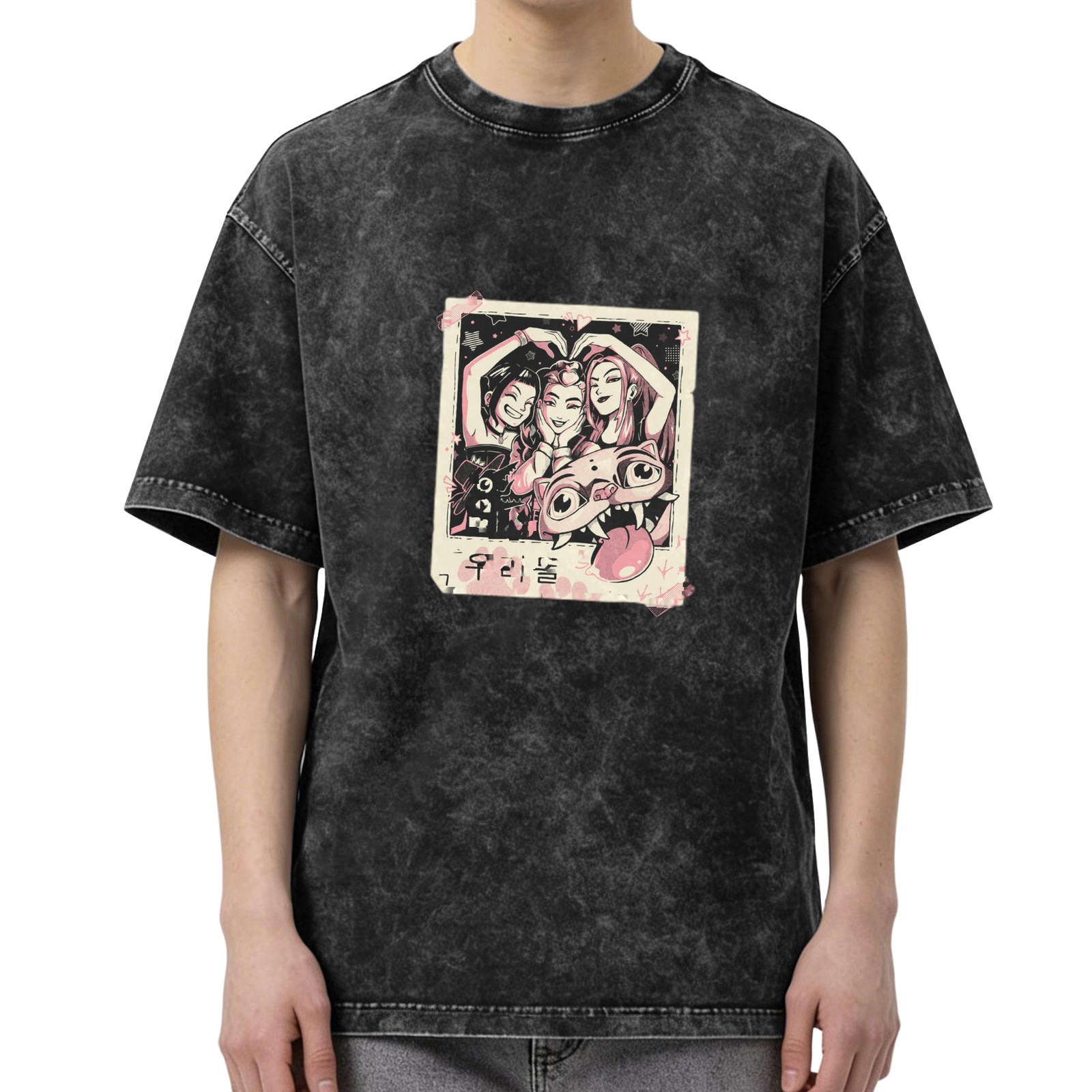 Oversized acid wash t-shirt with polaroid-style anime graphic print