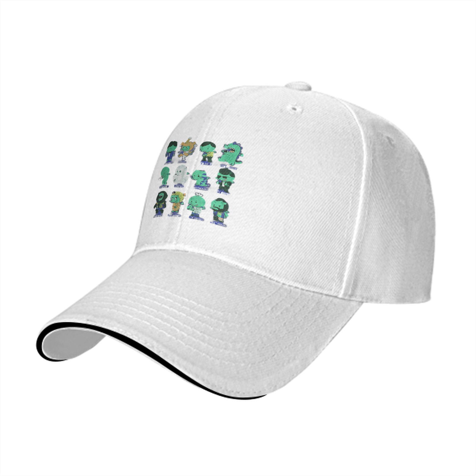 Black baseball cap with cute monster character grid print