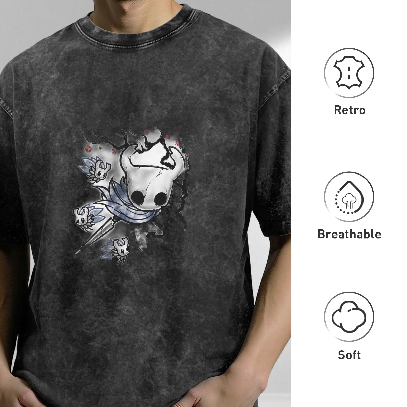 Hollow Knight Themed Dark Wash Graphic T-Shirt
