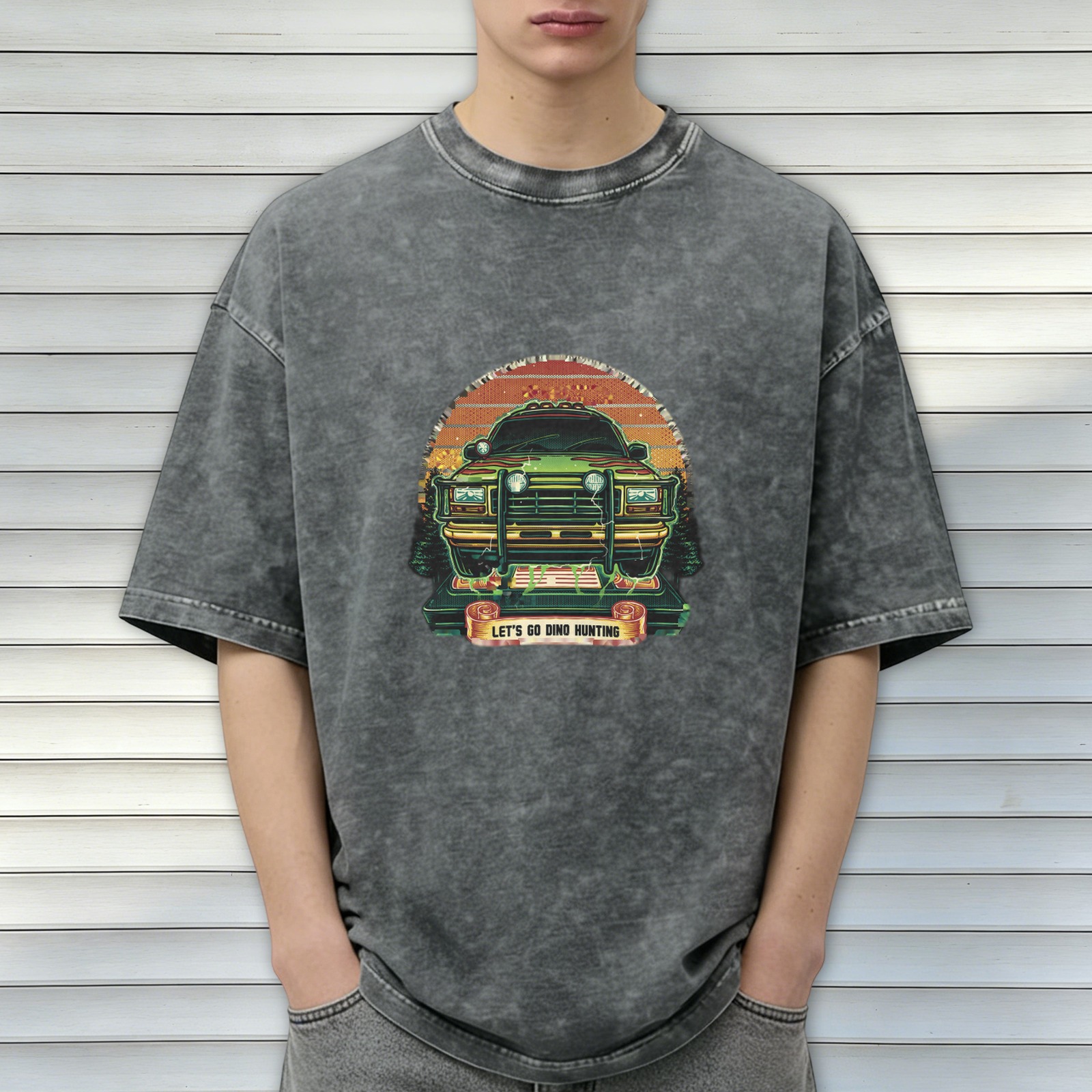 Washed Black T-Shirt with Let's Go Dino Hunting Jurassic Park Style Graphic
