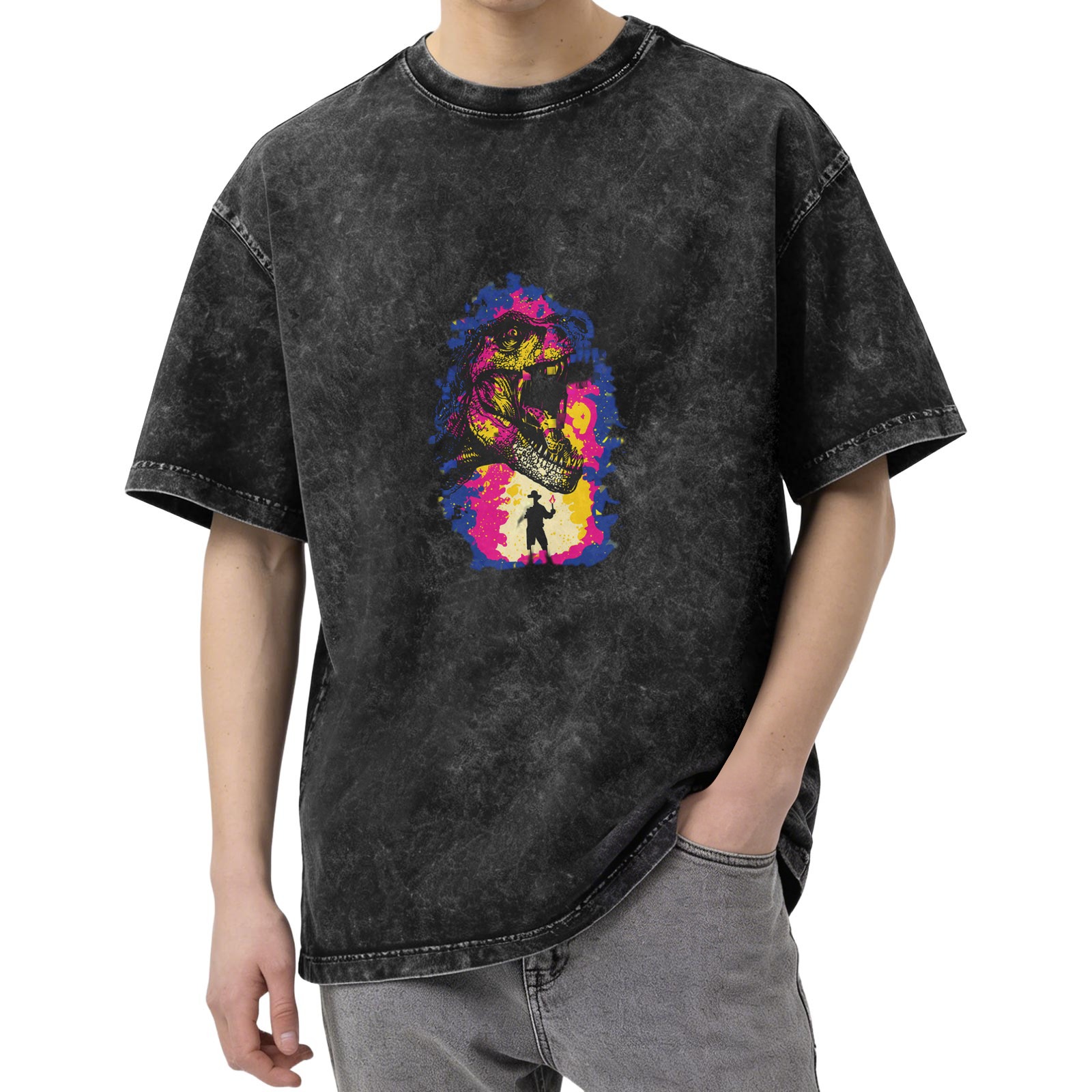 Washed Black Oversized T-Shirt with Dinosaur Cowboy Graphic
