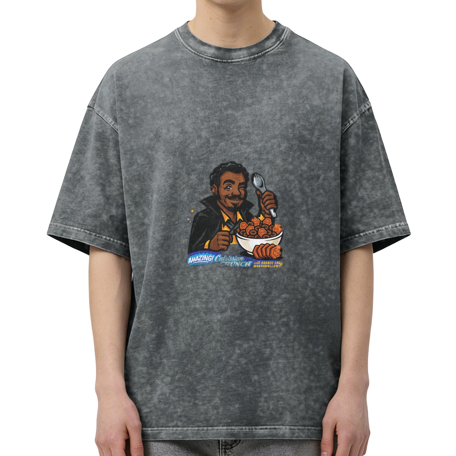 acid wash black t-shirt with calrissian crunch graphic print