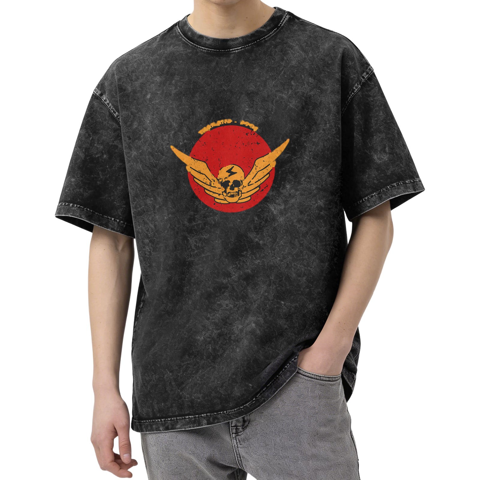 Washed Black Graphic T-Shirt with Winged Skull Red Circle Design