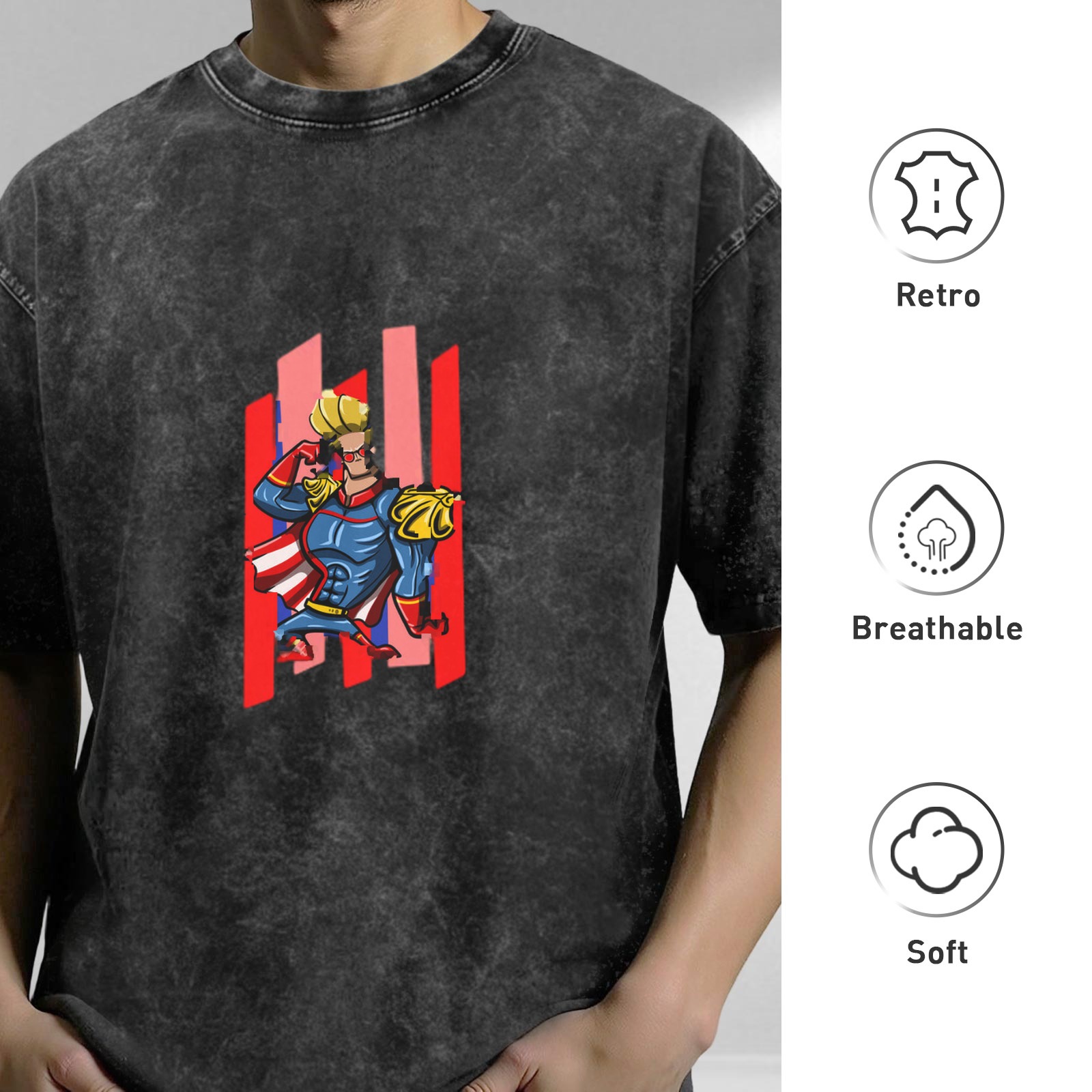 Oversized Acid Wash T-Shirt With Cartoon Superhero Graphic