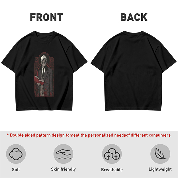 Olive T-shirt with Gothic Figure Holding Red Book Print
