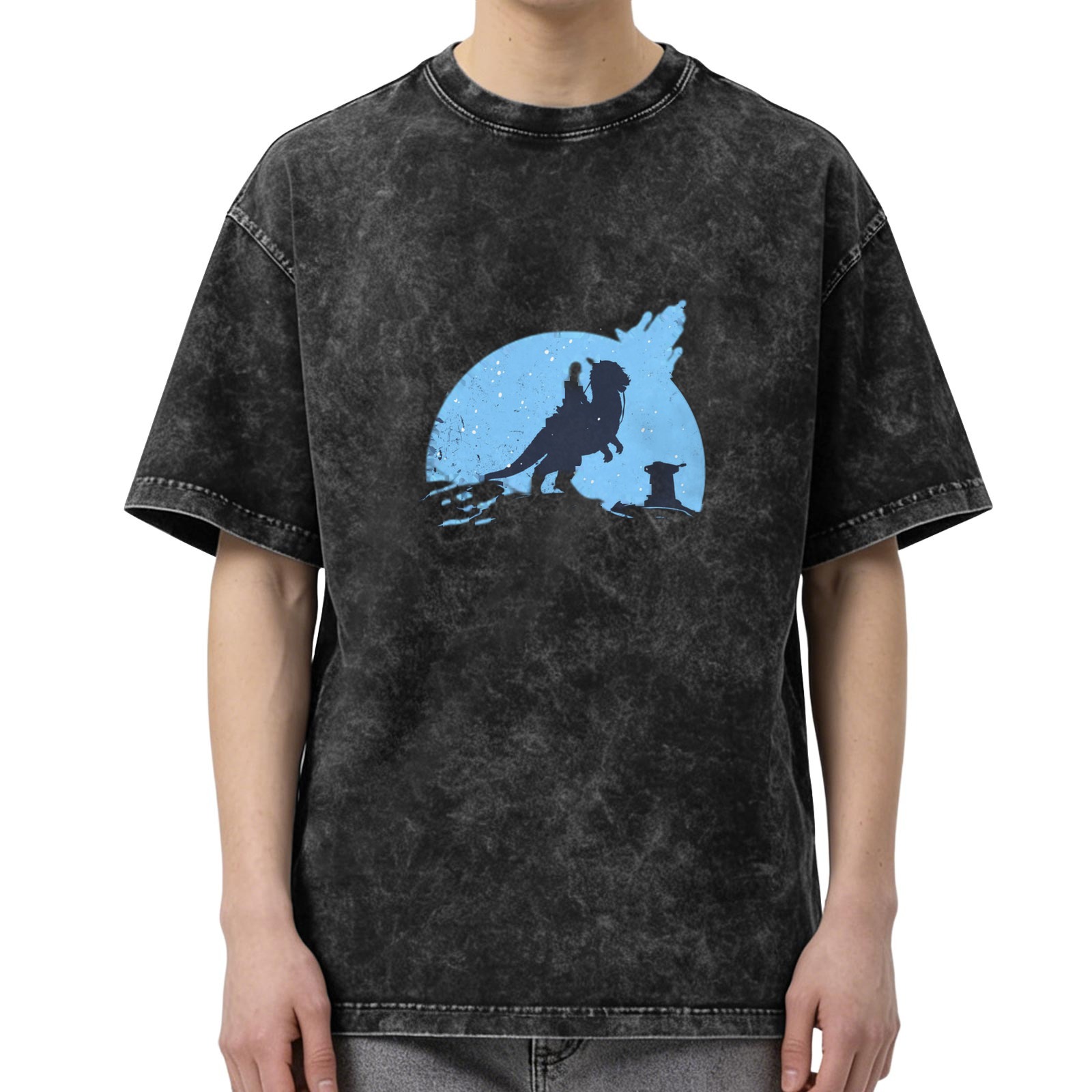 Washed Black T-Shirt With Sci-Fi Creature Rider Silhouette Graphic