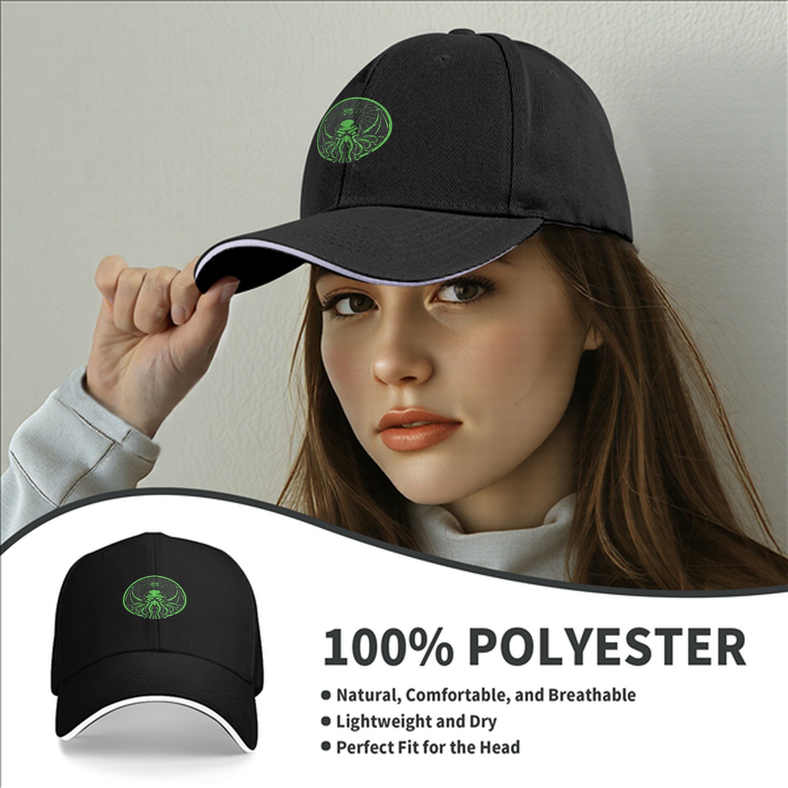Black Baseball Cap With Green Cthulhu Emblem Design