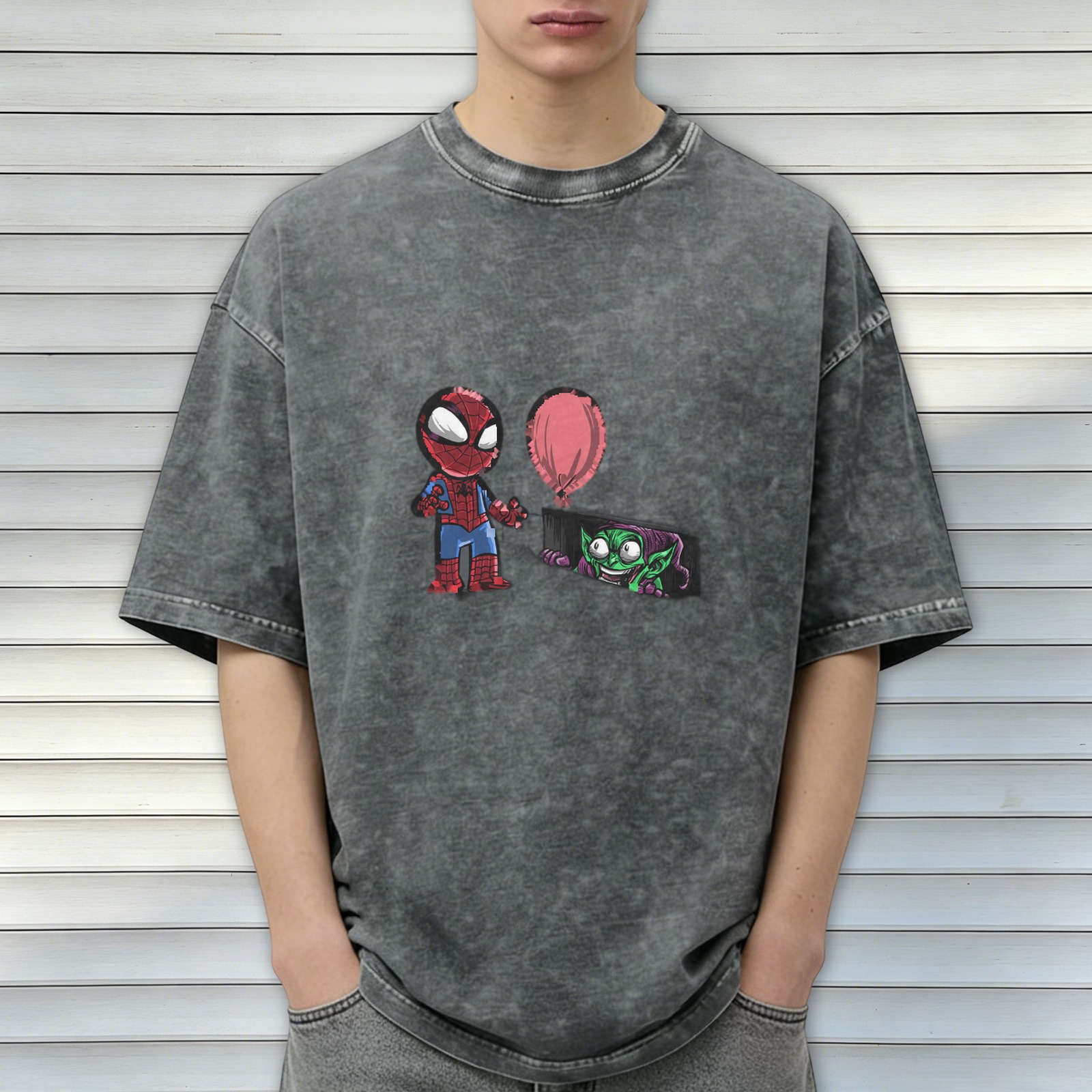 Chibi Spider-Man and Green Goblin Graphic Vintage Wash T-Shirt