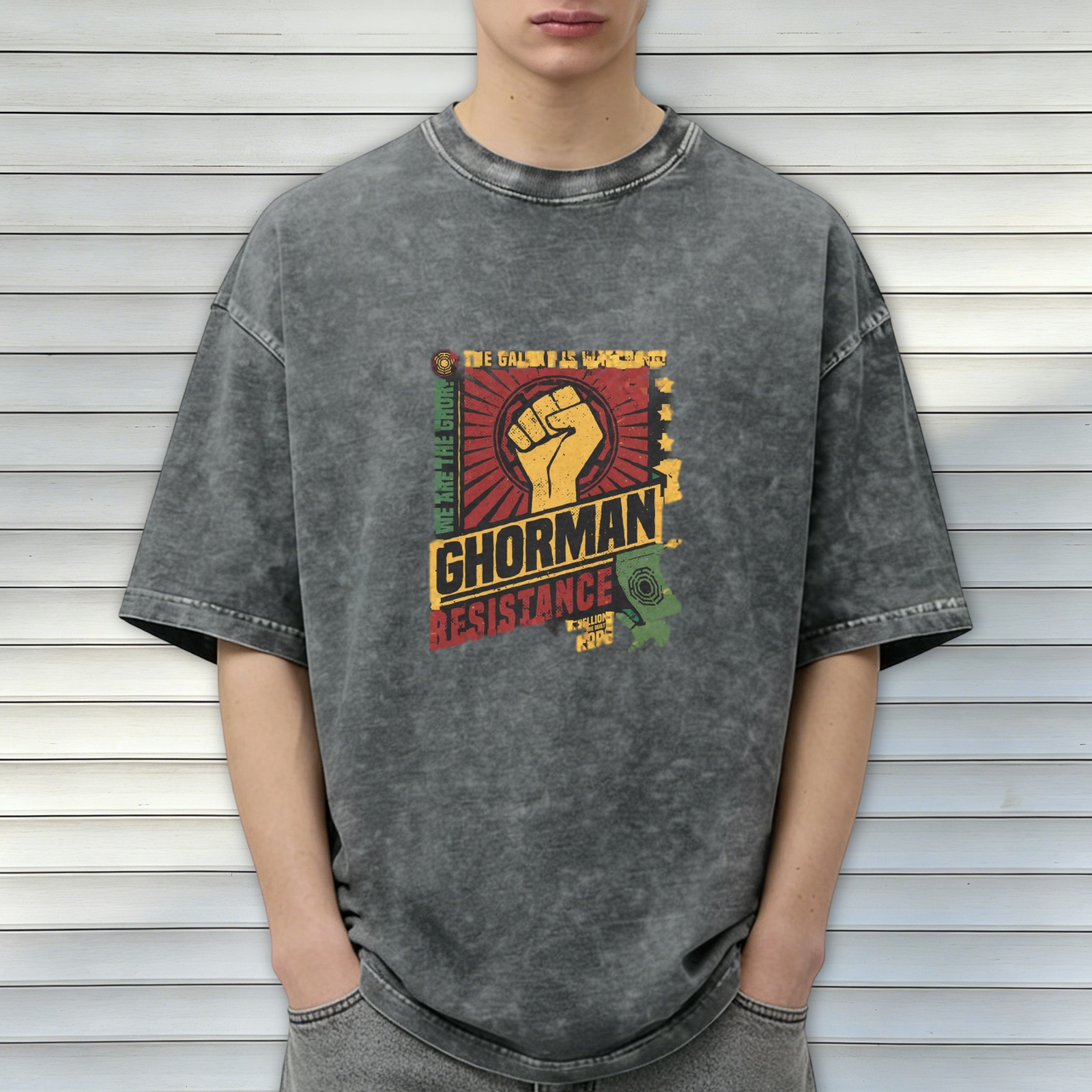 Ghorman Resistance Fist Graphic Acid-Wash Oversized T-Shirt