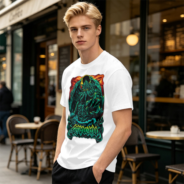 Olive Green T-Shirt With Dark Fantasy Monster Graphic Print