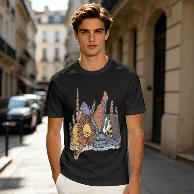 Olive Green T-Shirt With Whimsical Fantasy Creature Graphic Print