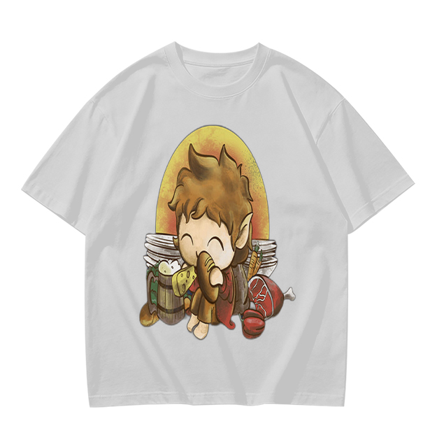 Chibi Hobbit Eating Bread Surrounded by Food T-Shirt
