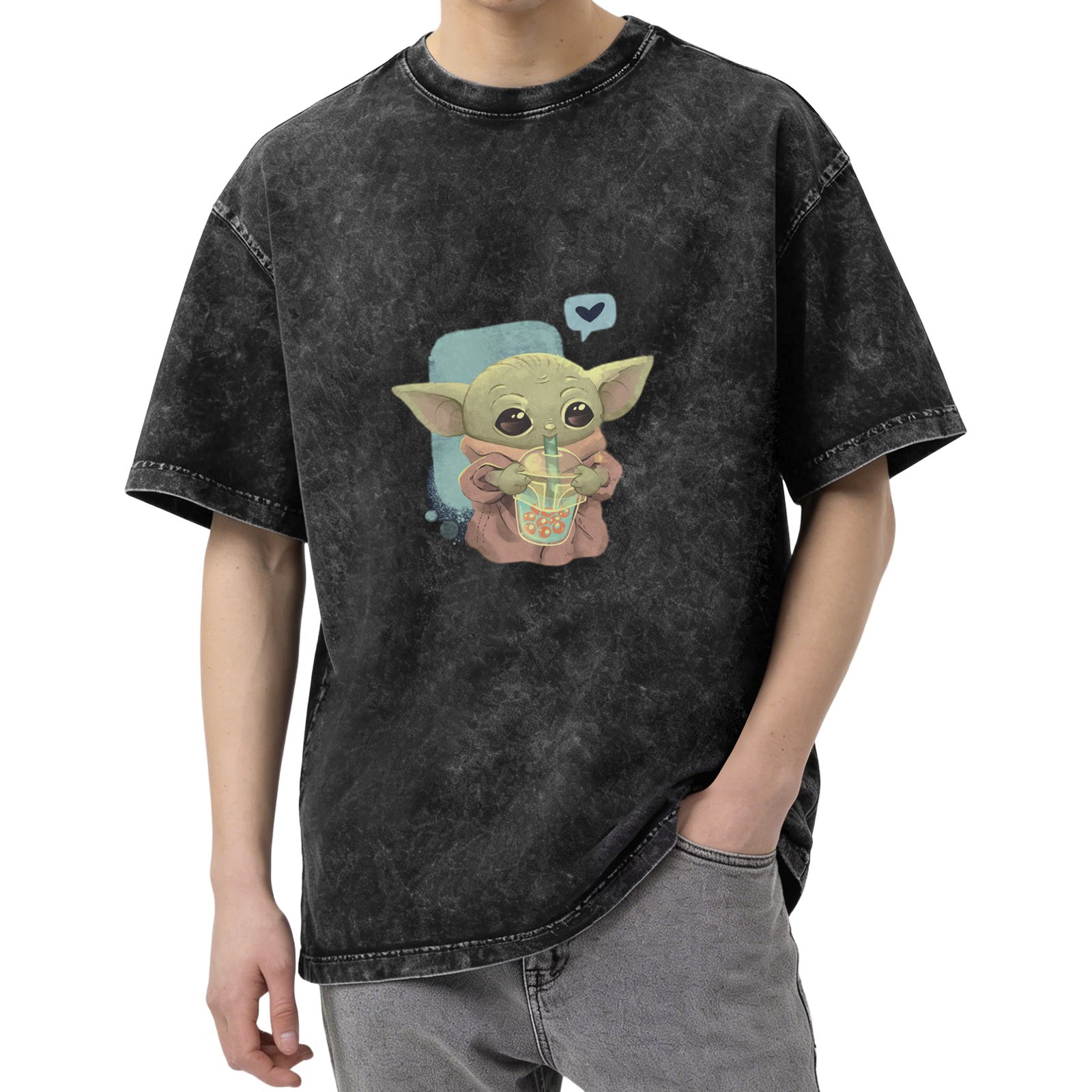 Baby Yoda Drinking Boba Tea Vintage Wash T-shirt