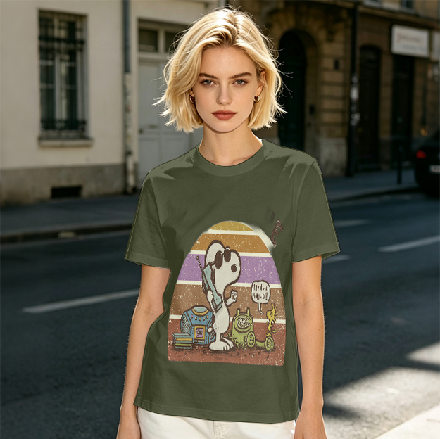 Olive T-Shirt with Snoopy Retro Phone Call Graphic