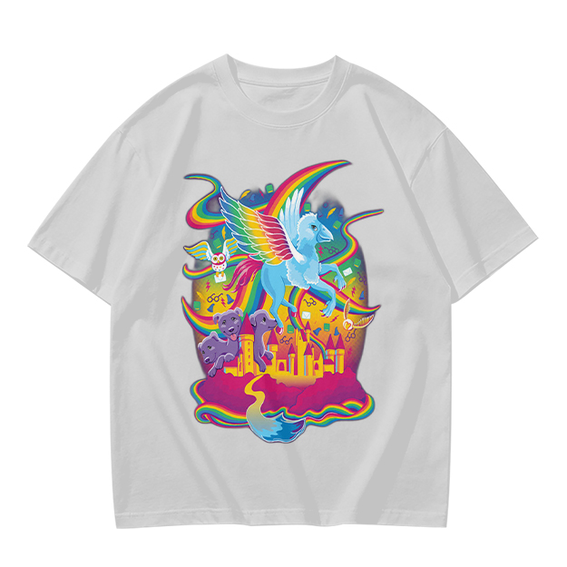 Olive T-Shirt With Whimsical Rainbow Fantasy Creature Castle Art