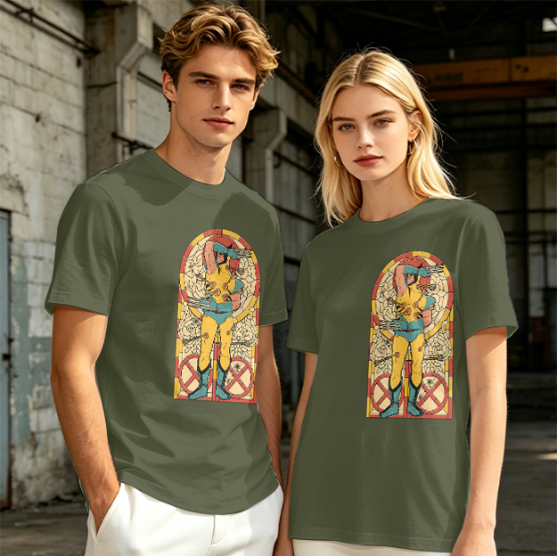 Olive T-shirt with Wolverine Stained Glass Style Print