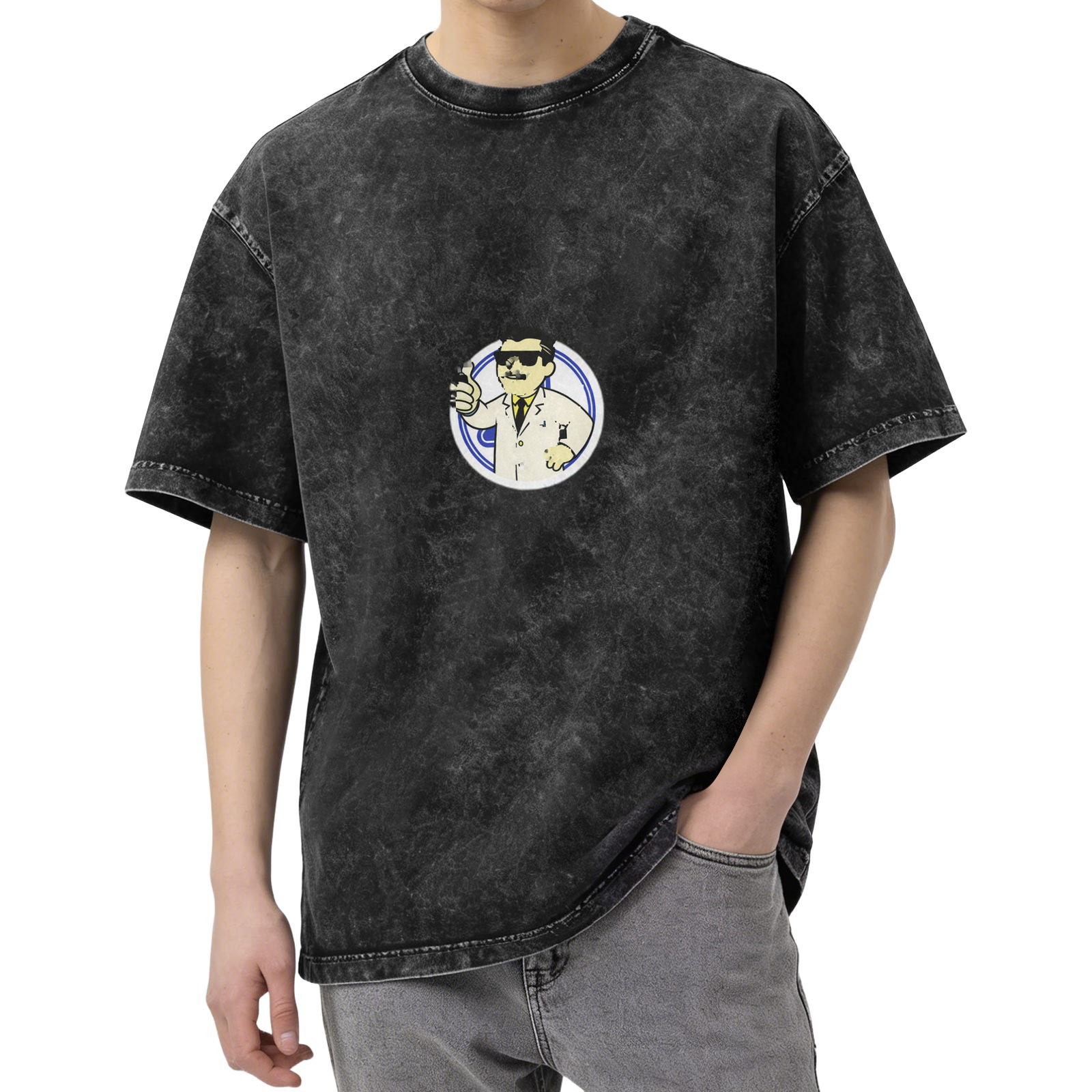 Oversized Acid Wash T-Shirt With Cartoon Scientist Print