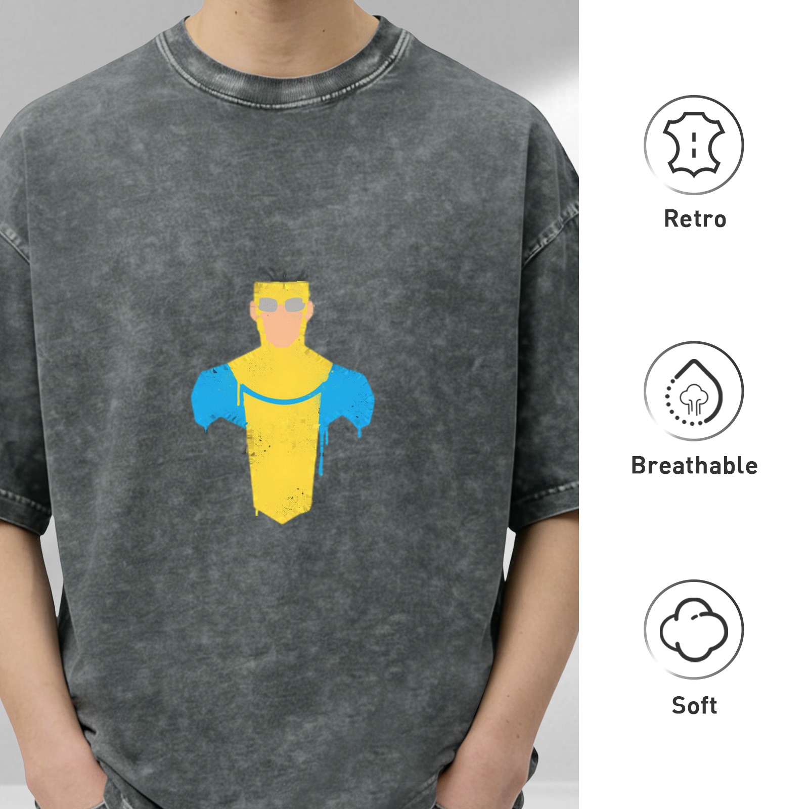 Distressed washed black loose short-sleeved T-shirt with minimalist superhero print on the chest