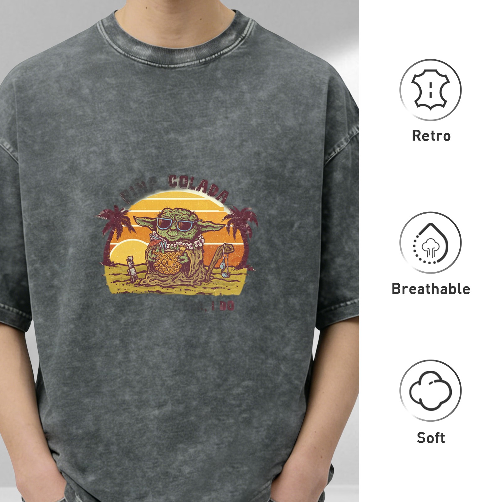 Washed black t-shirt with tropical Yoda sunset graphic