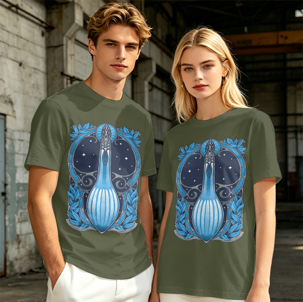Olive T-Shirt With Art Nouveau Celestial Lute Graphic Print
