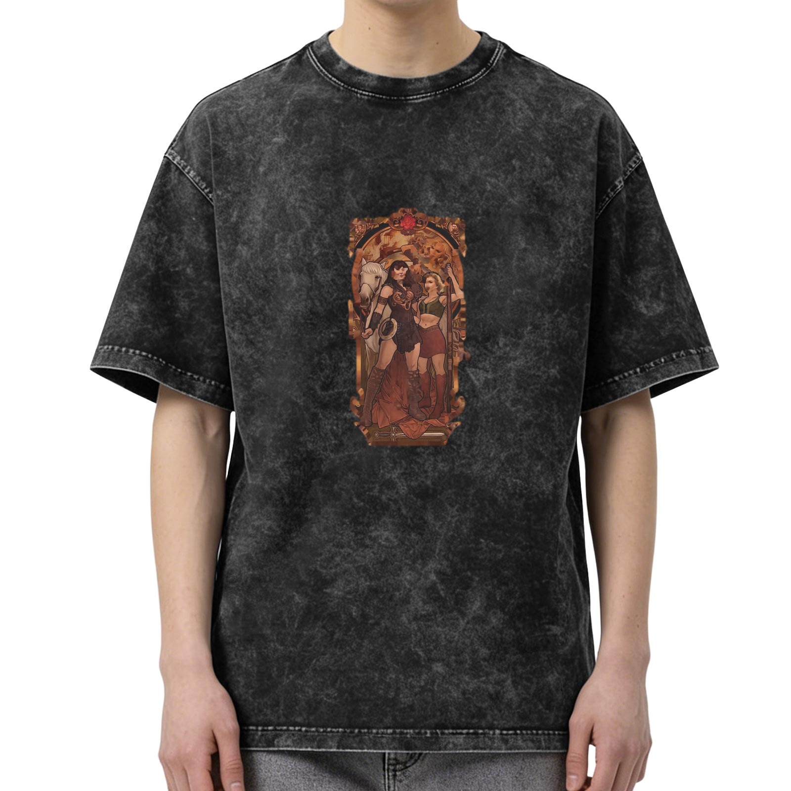 Distressed black printed short-sleeved T-shirt