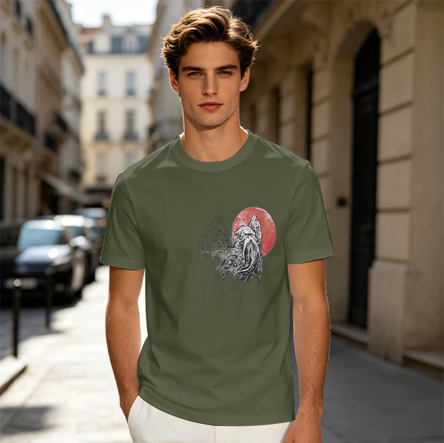 Olive T-Shirt With Howling Wolf And Red Moon Graphic Print