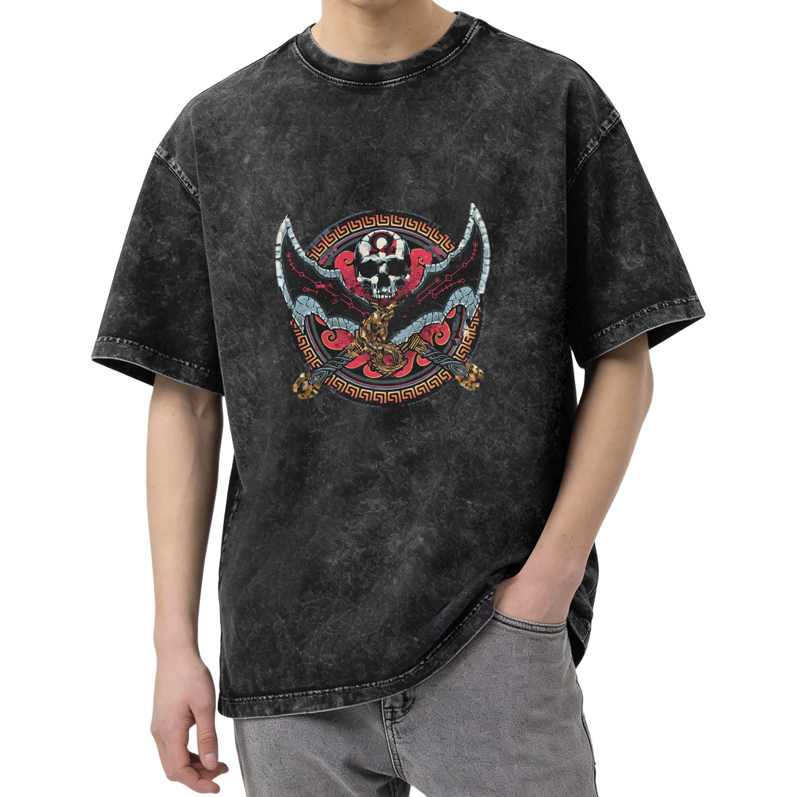 Washed Black Graphic T-Shirt With Skull Bat Cross Design