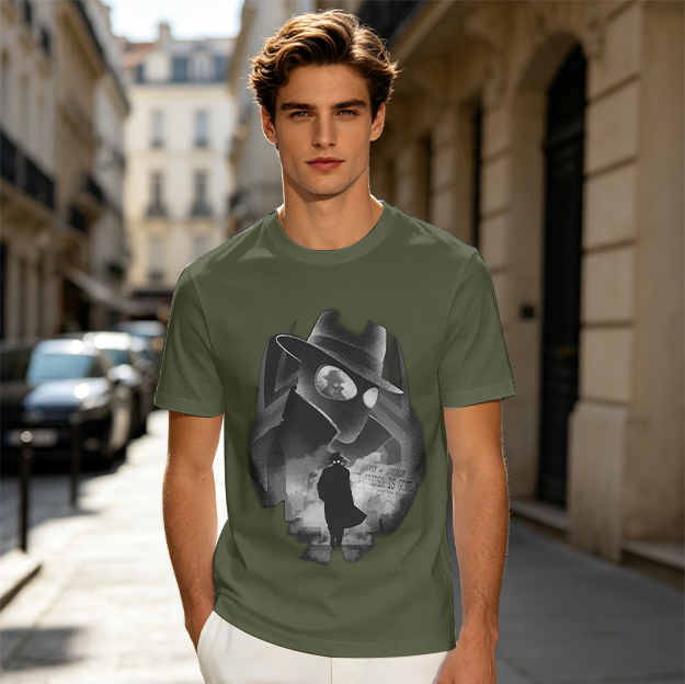 Olive T-Shirt With Noir Detective Silhouette Graphic Print