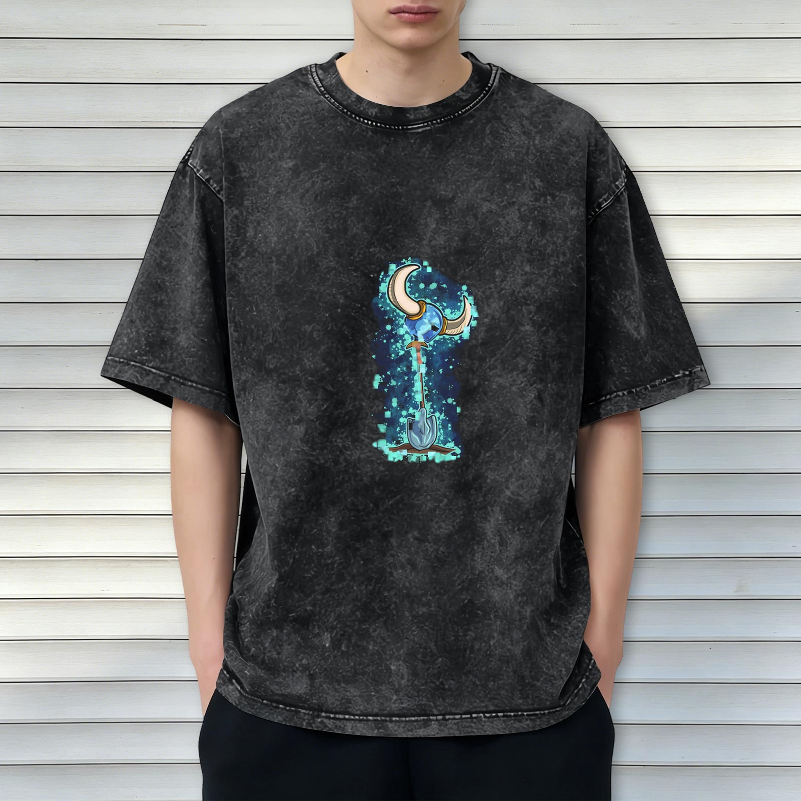 Washed Black Graphic T-Shirt with Shovel Knight Character Art