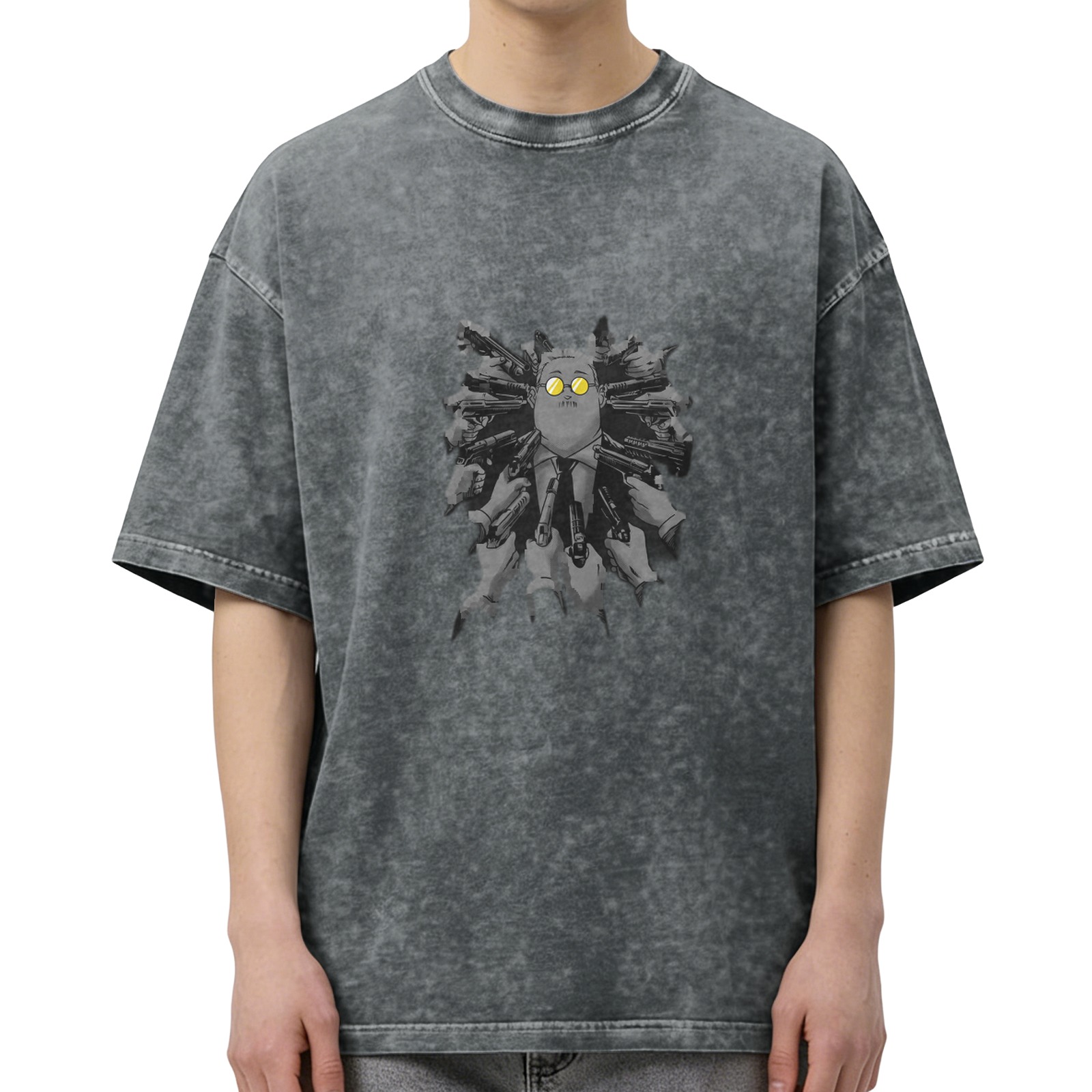 Distressed washed black loose short-sleeved T-shirt anime style gun-holding character print top