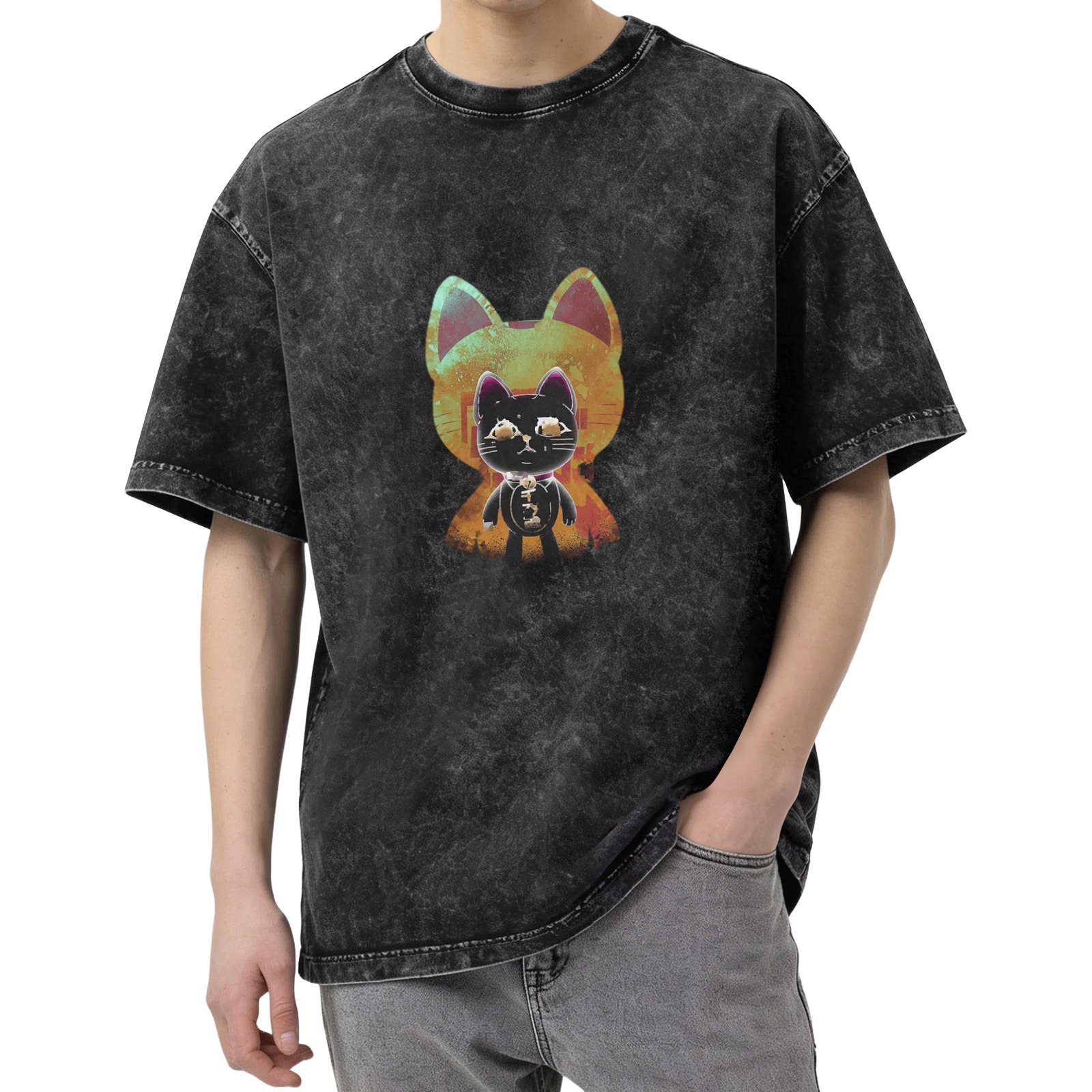 Washed Black T-Shirt With Stylized Cat Graphic Print